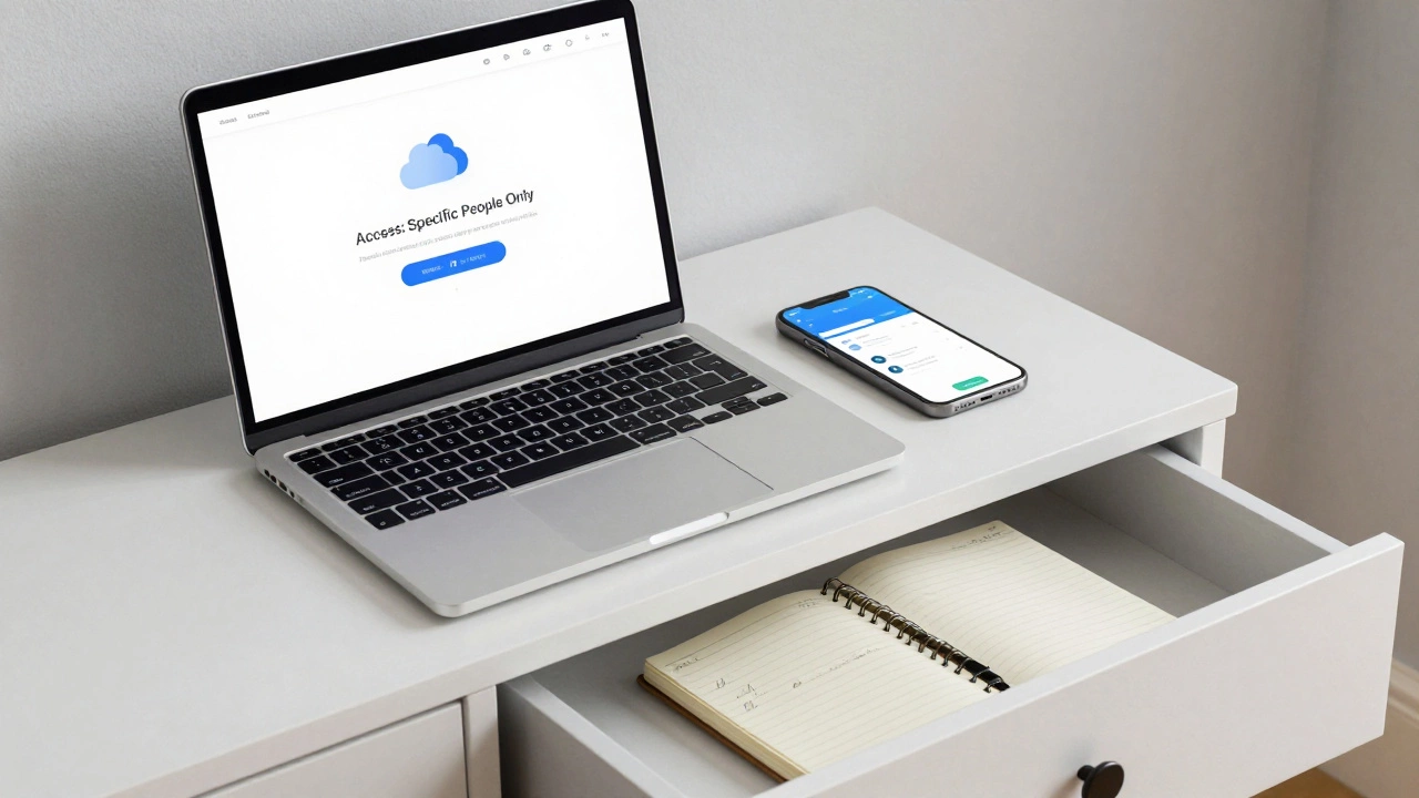 A laptop showing secure sharing settings with a password-protected link and a notebook containing a written password in a locked drawer.