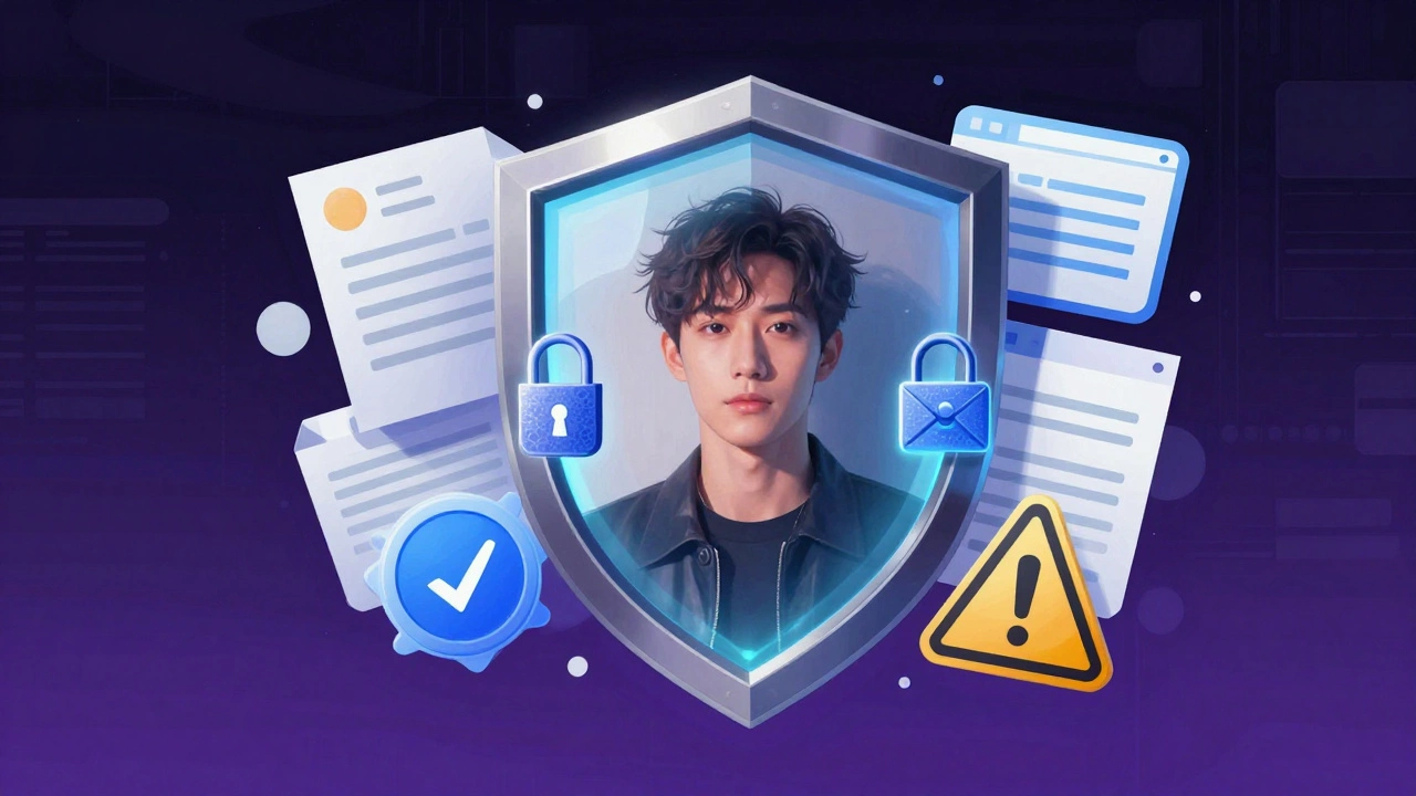 A symbolic shield made of digital security elements protecting a personal photo, representing layered online privacy.