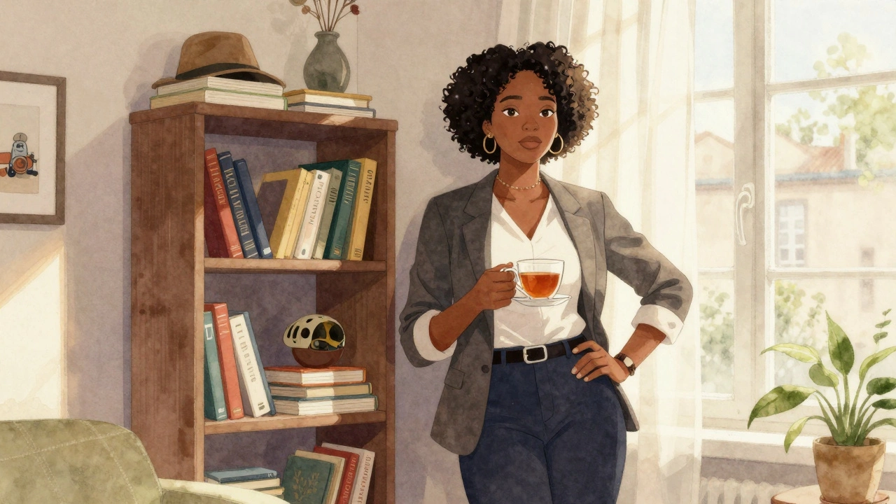 An African woman in a cozy apartment, holding tea beside a bookshelf filled with personal items.