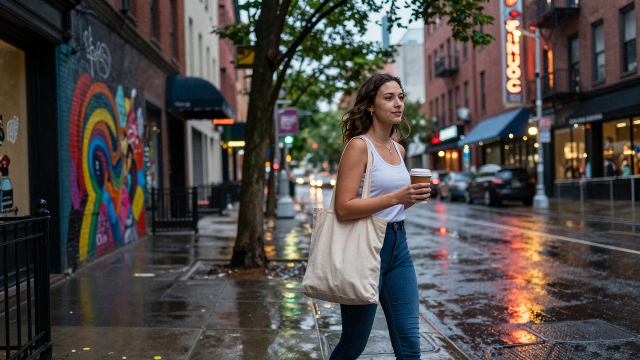 An independent escort walking confidently through Soho at dusk, urban lights reflecting on wet pavement.