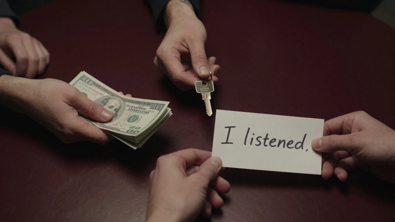 Three anonymous hands exchanging cash, a key, and a note, symbolizing trust and emotional connection.